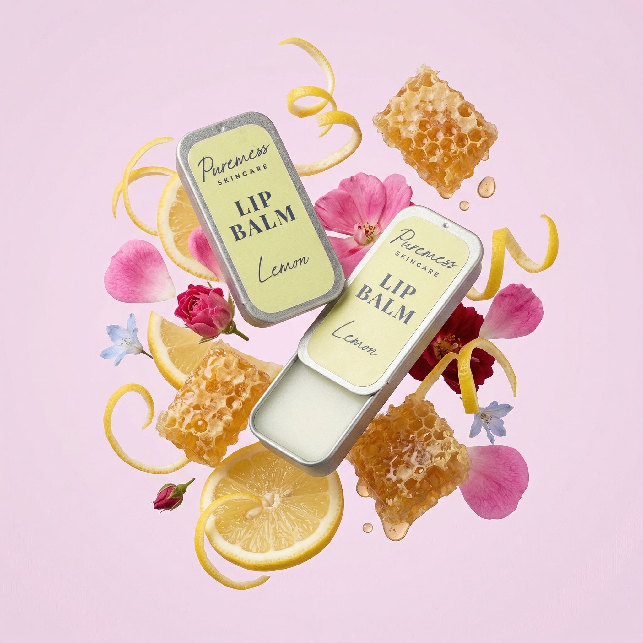 Puremess Skincare Lemon lip balm product shot produced by Mauka One