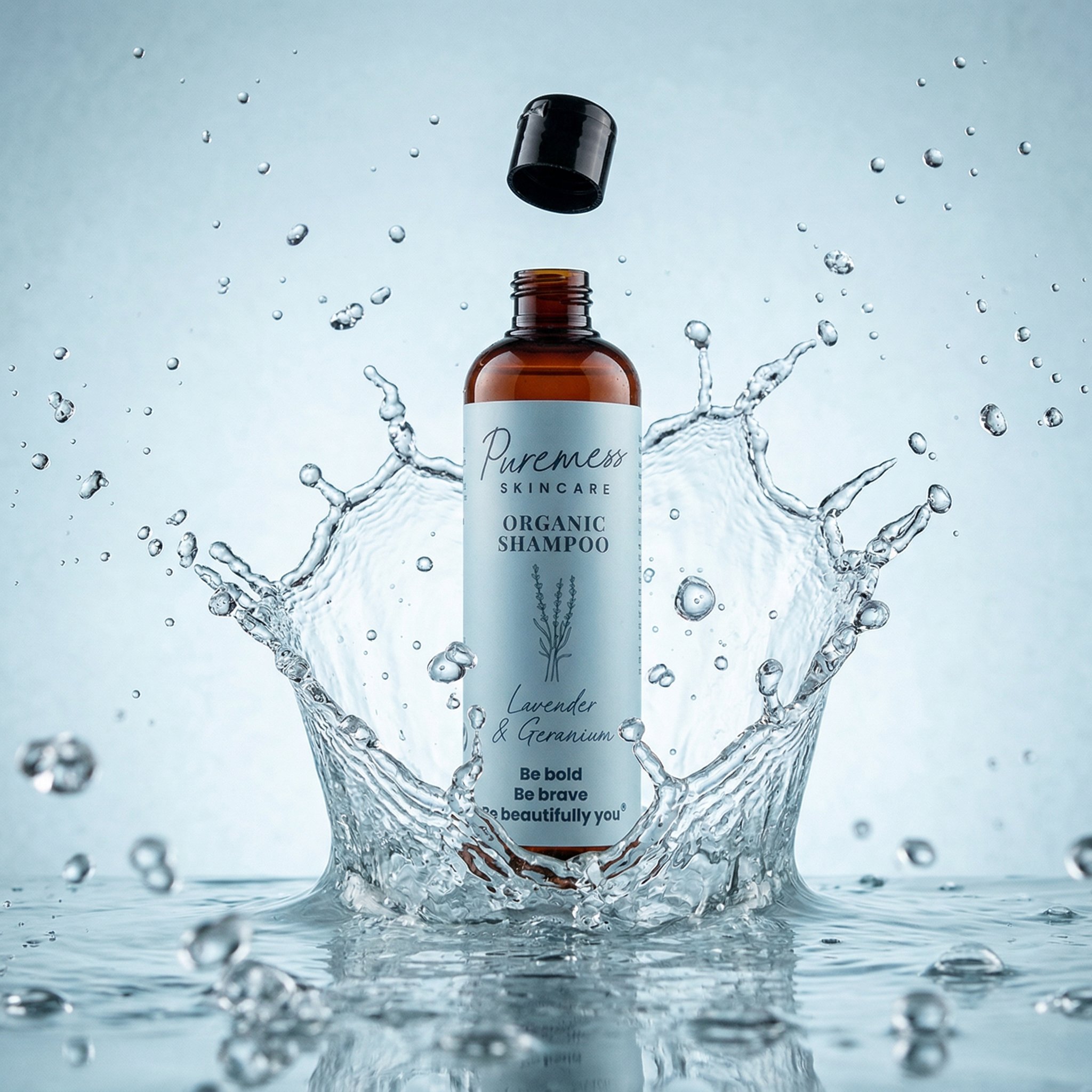 Puremess Organic Shampoo Lavender and Geranium product shot produced by Mauka One